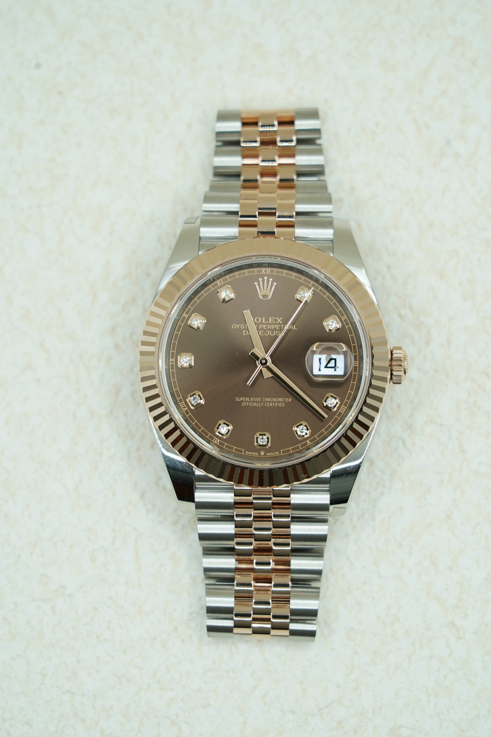2023 Rolex Datejust 41mm Rose and Steel Chocolate Diamond Dial