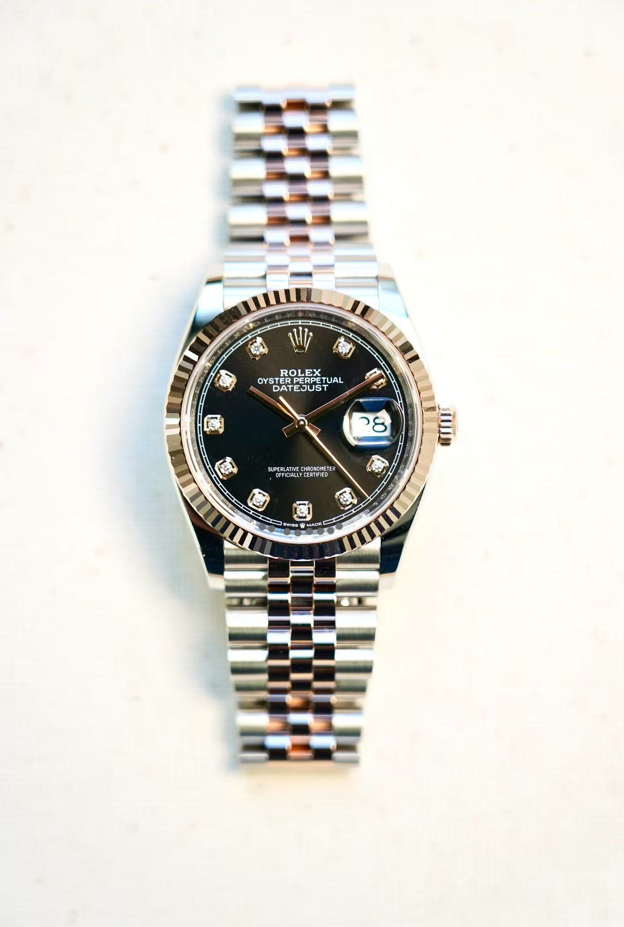 2025 ROLEX DATE JUST 36MM Black Diamond Rose GOLD FLUTED JUBILEE