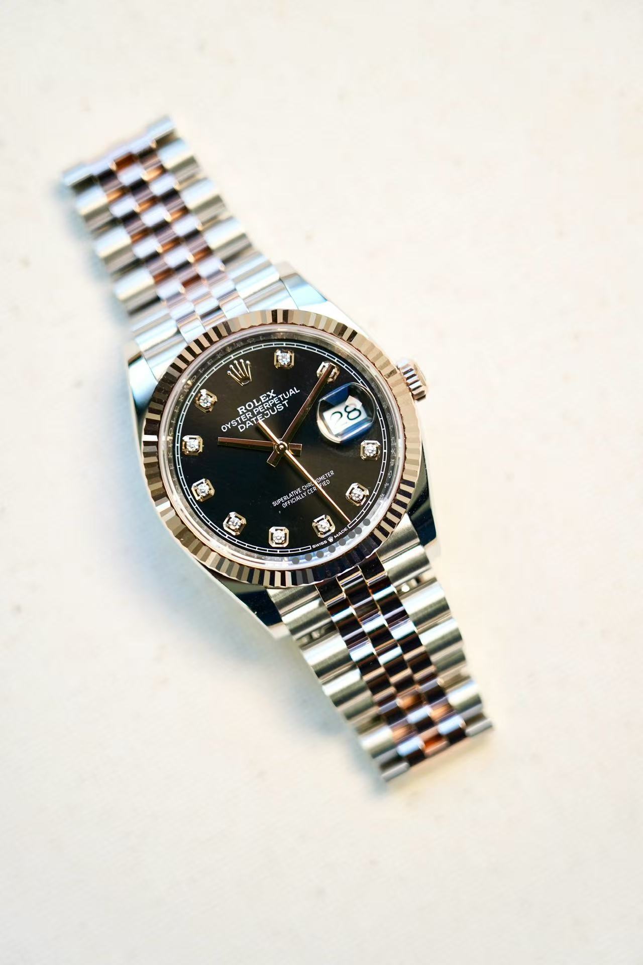 2025 ROLEX DATE JUST 36MM Black Diamond Rose GOLD FLUTED JUBILEE - Image 2